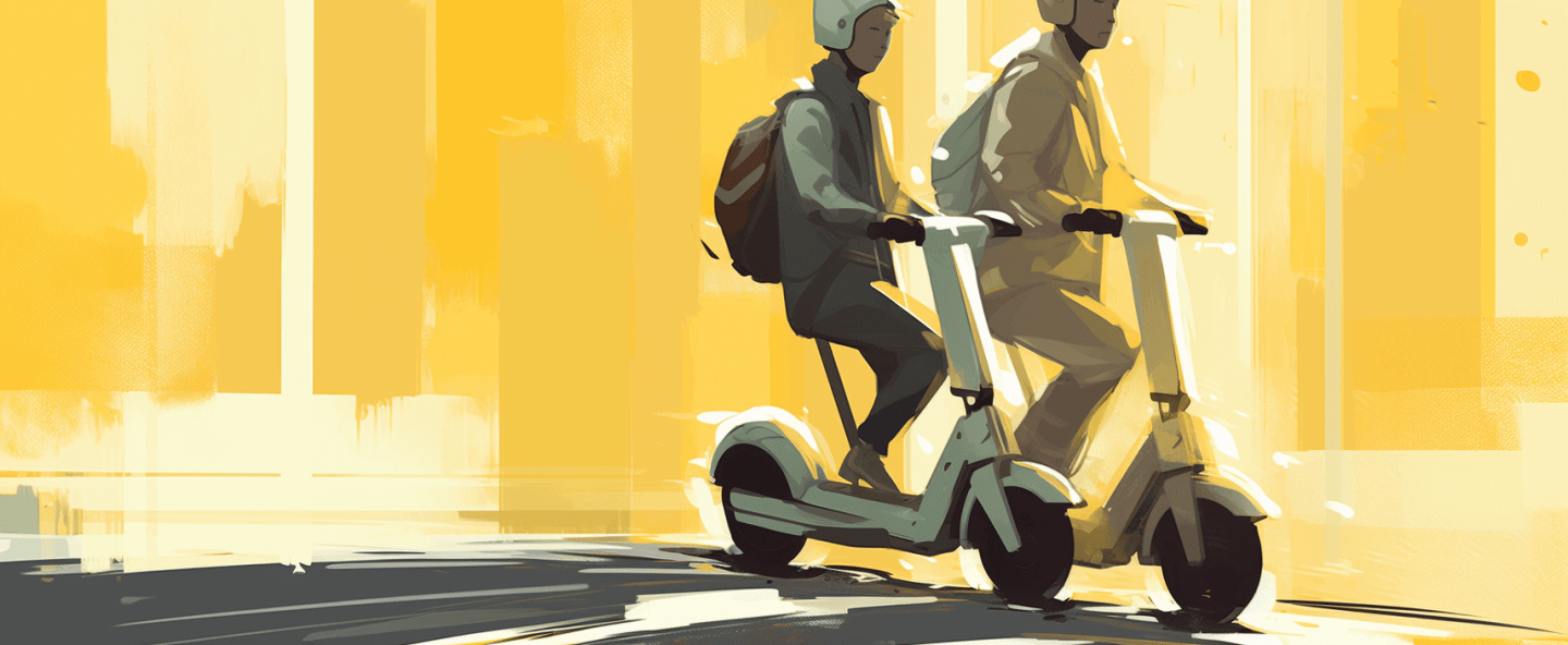 dos personas andando en un scooter eléctrico