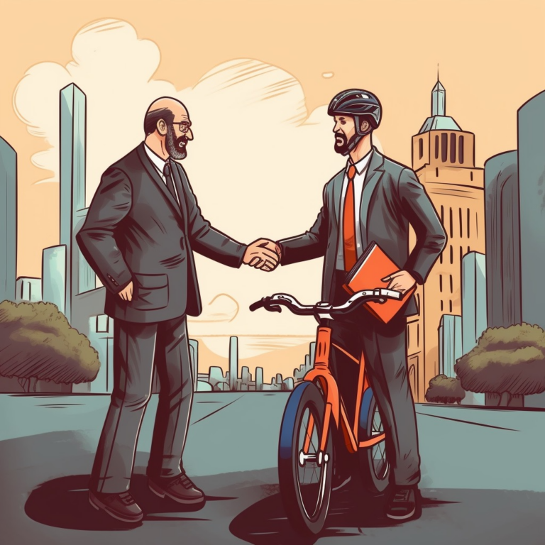 An illustration of two men shaking hands in Los Angeles