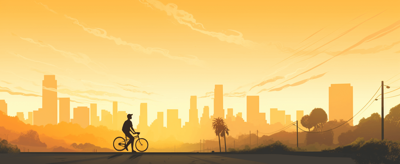 person riding a bicycle in the city of los angeles about to be an a bicycle accident