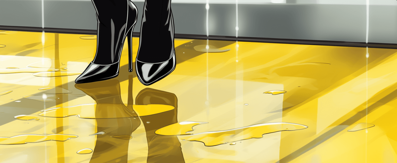 closeup of a woman wearing black heels walking wet floor and is about to be in a slip and fall accident in los angeles